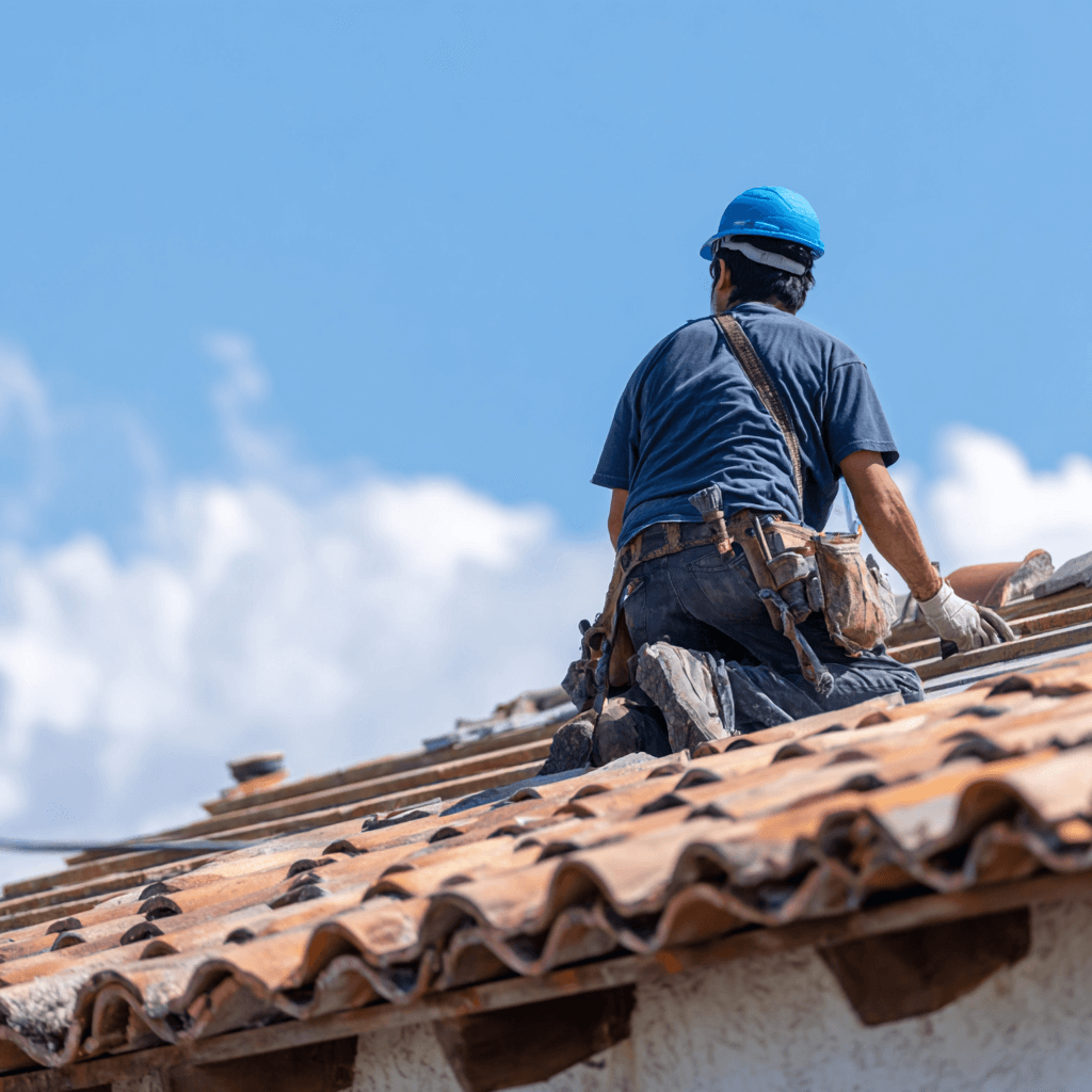 Roofer installing tiles under clear sky in Monterey