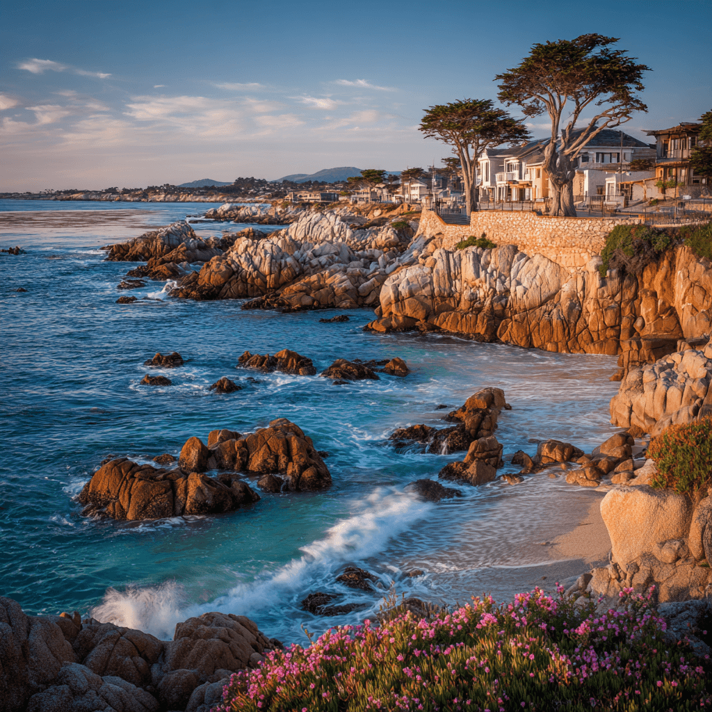 Scenic coastal homes on rocky shoreline in Monterey